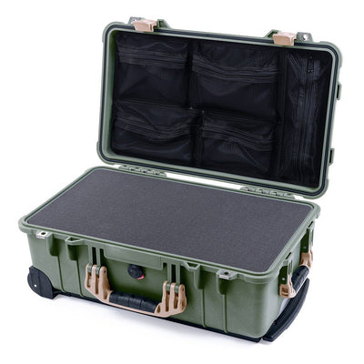 Pelican 1510 Case, OD Green with Desert Tan Handles & Latches Pick & Pluck Foam with Mesh Lid Organizer ColorCase 015100-0101-130-310