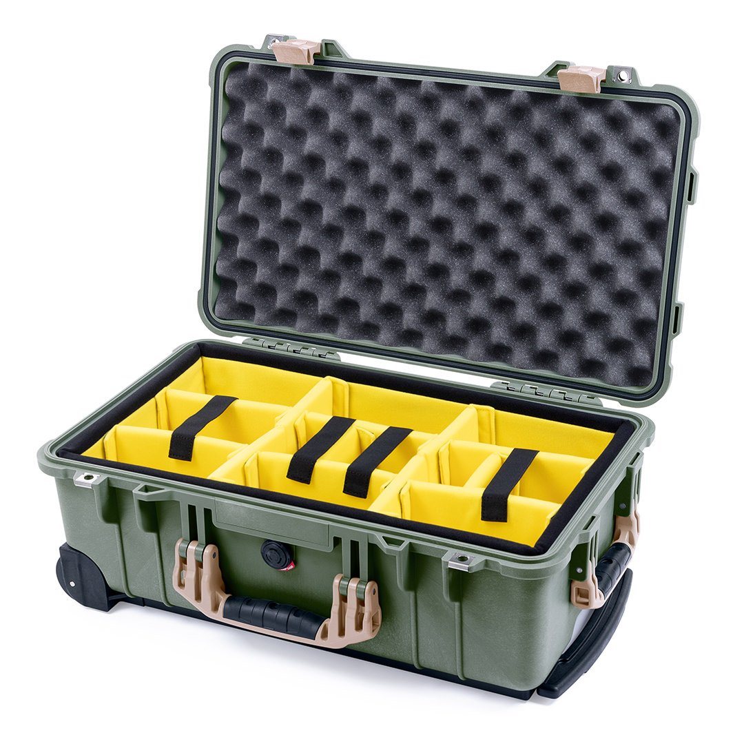 Pelican 1510 Case, OD Green with Desert Tan Handles & Latches Yellow Padded Microfiber Dividers with Convolute Lid Foam ColorCase 015100-0010-130-310