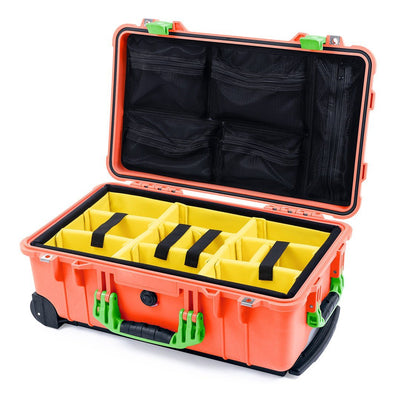 Pelican 1510 Case, Orange with Lime Green Handles & Latches Yellow Padded Microfiber Dividers with Mesh Lid Organizer ColorCase 015100-0110-150-300