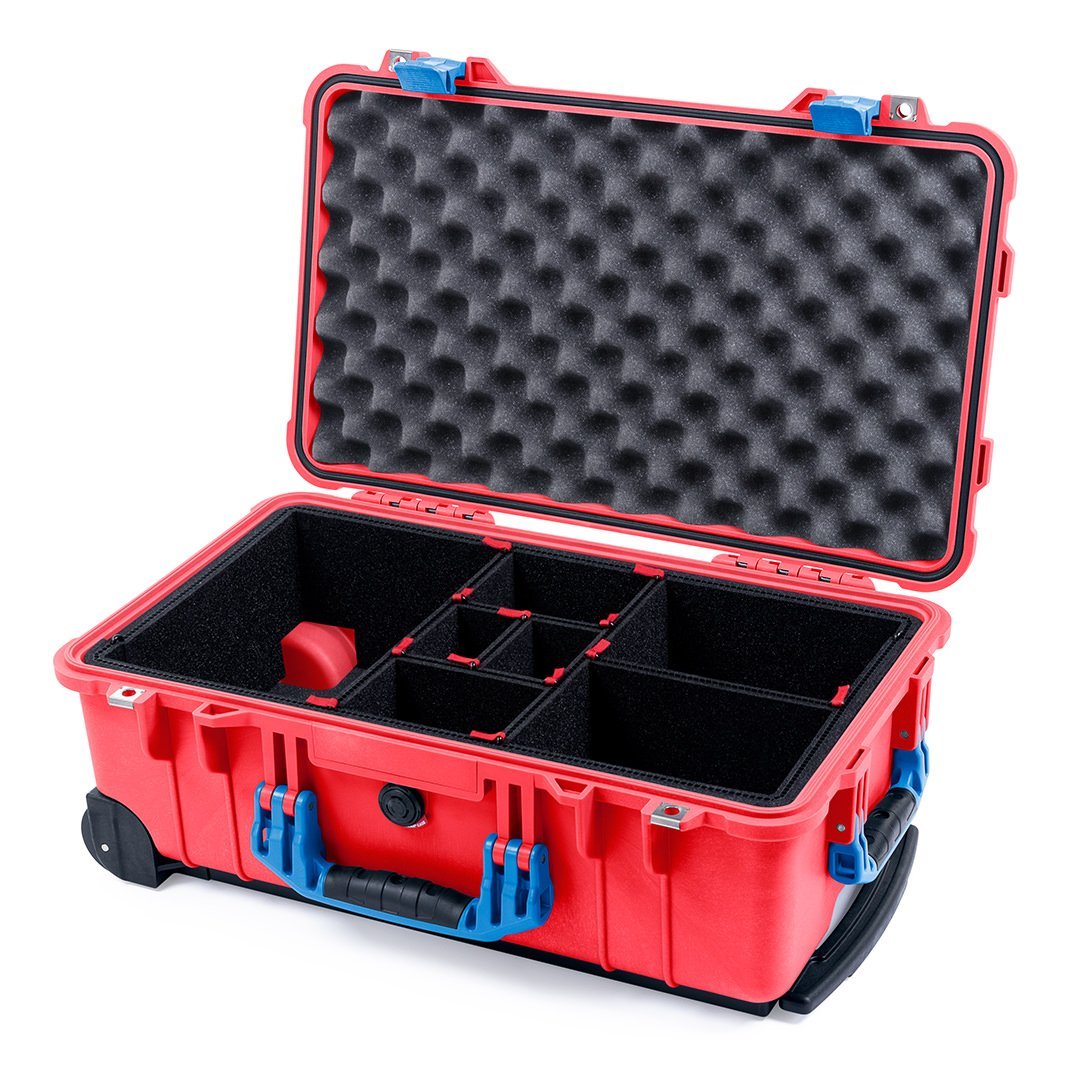Pelican 1510 Case, Red with Blue Handles & Latches TrekPak Divider System with Convolute Lid Foam ColorCase 015100-0020-320-120