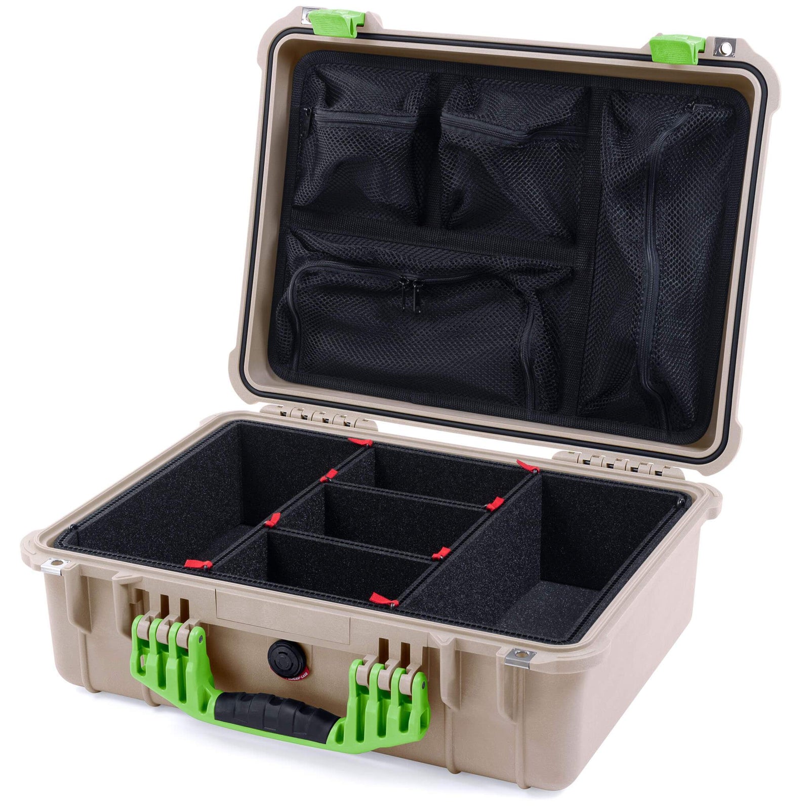 Pelican 1520 Case, Desert Tan with Lime Green Handle & Latches TrekPak Divider System with Mesh Lid Organizer ColorCase 015200-0120-310-300