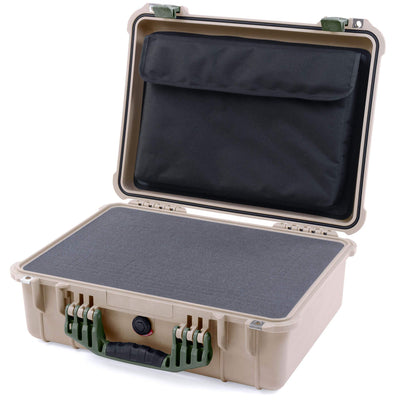 Pelican 1520 Case, Desert Tan with OD Green Handle & Latches Pick & Pluck Foam with Computer Pouch ColorCase 015200-0201-310-130