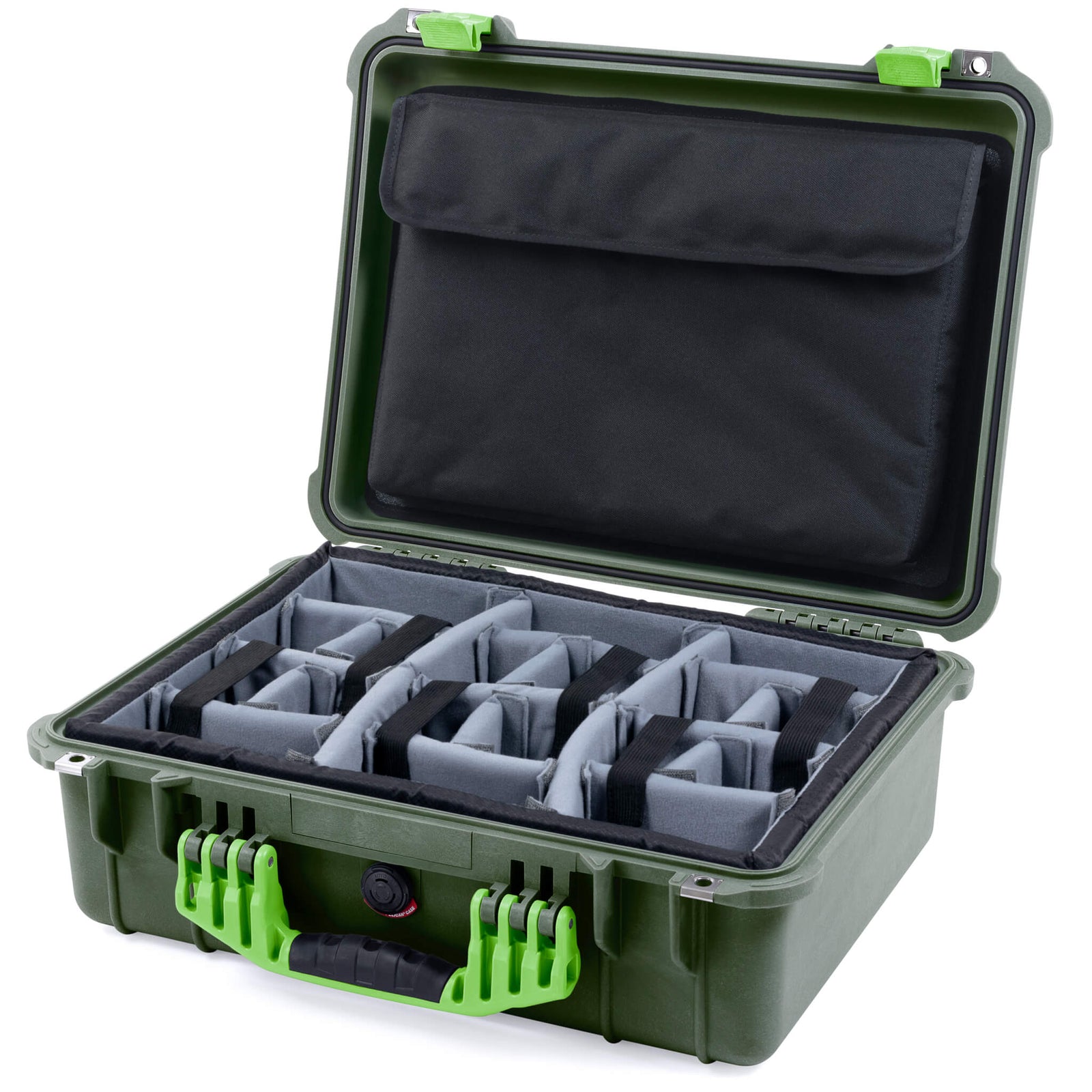 Pelican 1520 Case, OD Green with Lime Green Handle & Latches Gray Padded Microfiber Dividers with Computer Pouch ColorCase 015200-0270-130-300