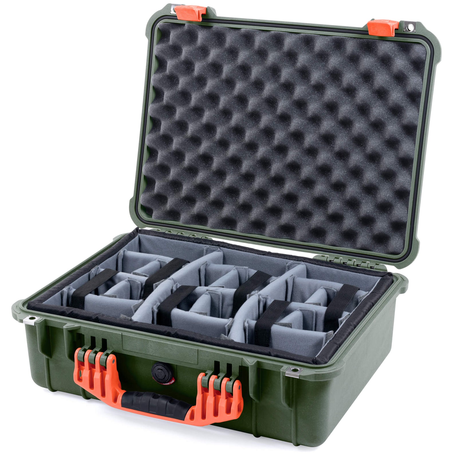 Pelican 1520 Case, OD Green with Orange Handle & Latches Gray Padded Microfiber Dividers with Convolute Lid Foam ColorCase 015200-0070-130-150