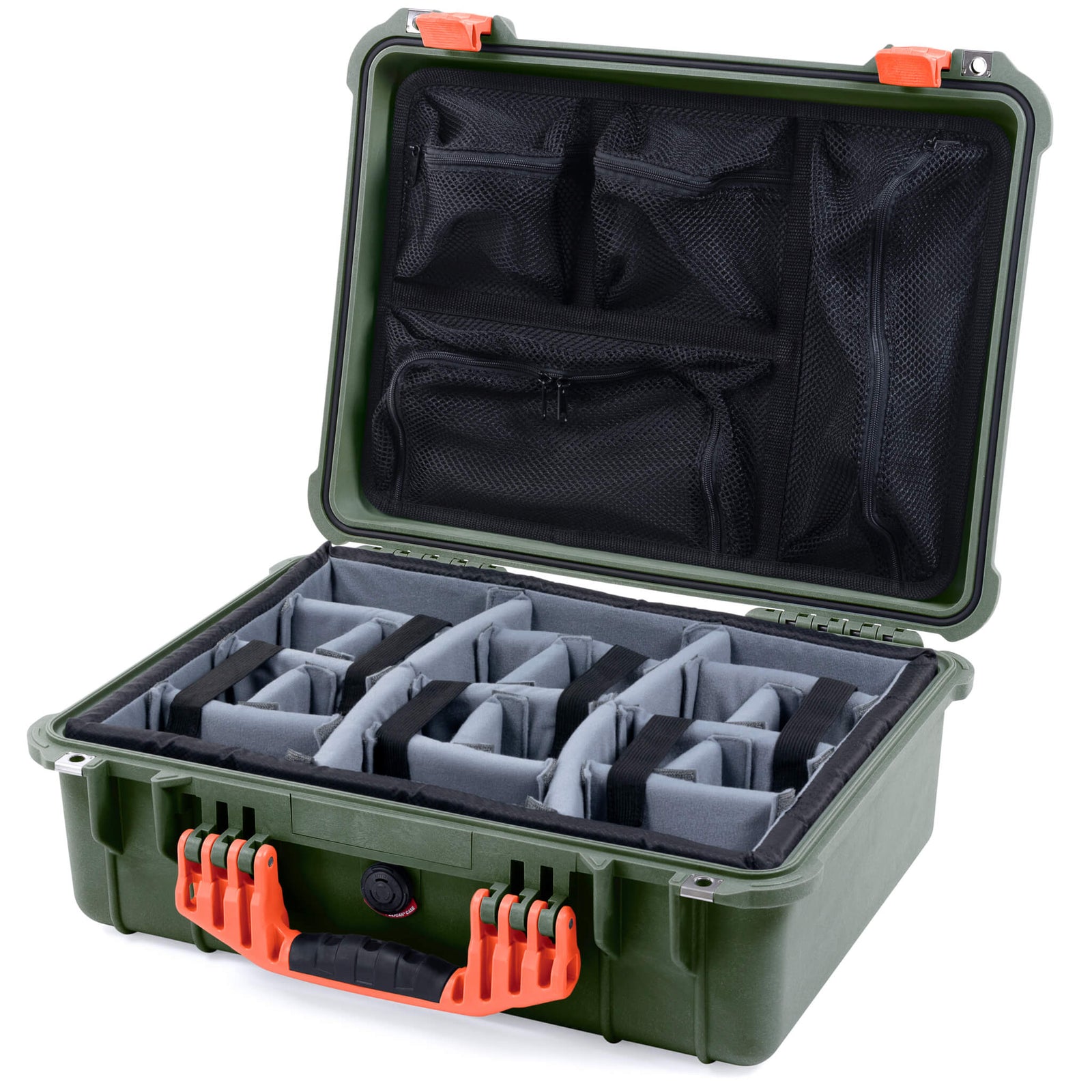 Pelican 1520 Case, OD Green with Orange Handle & Latches Gray Padded Microfiber Dividers with Mesh Lid Organizer ColorCase 015200-0170-130-150