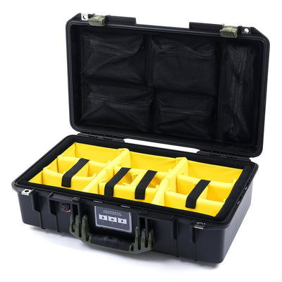 Pelican 1525 Air Case, Black with OD Green Handle & Latches Yellow Padded Microfiber Dividers with Mesh Lid Organizer ColorCase 015250-0110-110-130