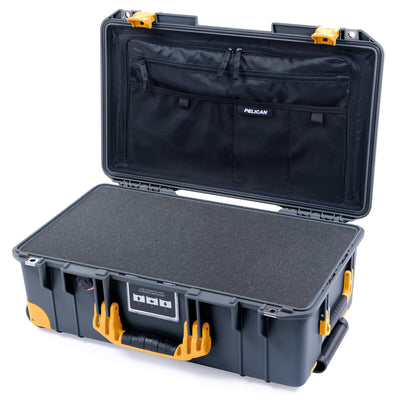 Pelican 1535 Air Case, Charcoal with Yellow Handles, Push-Button Latches & Trolley Pick & Pluck Foam with Combo-Pouch Lid Organizer ColorCase 015350-0301-520-240-240