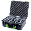 Pelican 1550 Case, Black with Lime Green Handle & Latches Gray Padded Microfiber Dividers with Convolute Lid Foam ColorCase 015500-0070-110-300