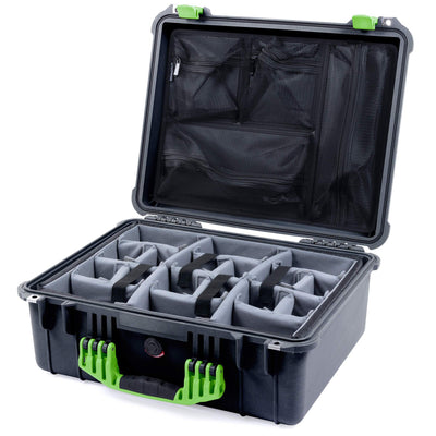 Pelican 1550 Case, Black with Lime Green Handle & Latches Gray Padded Microfiber Dividers with Mesh Lid Organizer ColorCase 015500-0170-110-300