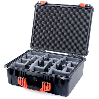 Pelican 1550 Case, Black with Orange Handle & Latches Gray Padded Microfiber Dividers with Convolute Lid Foam ColorCase 015500-0070-110-150