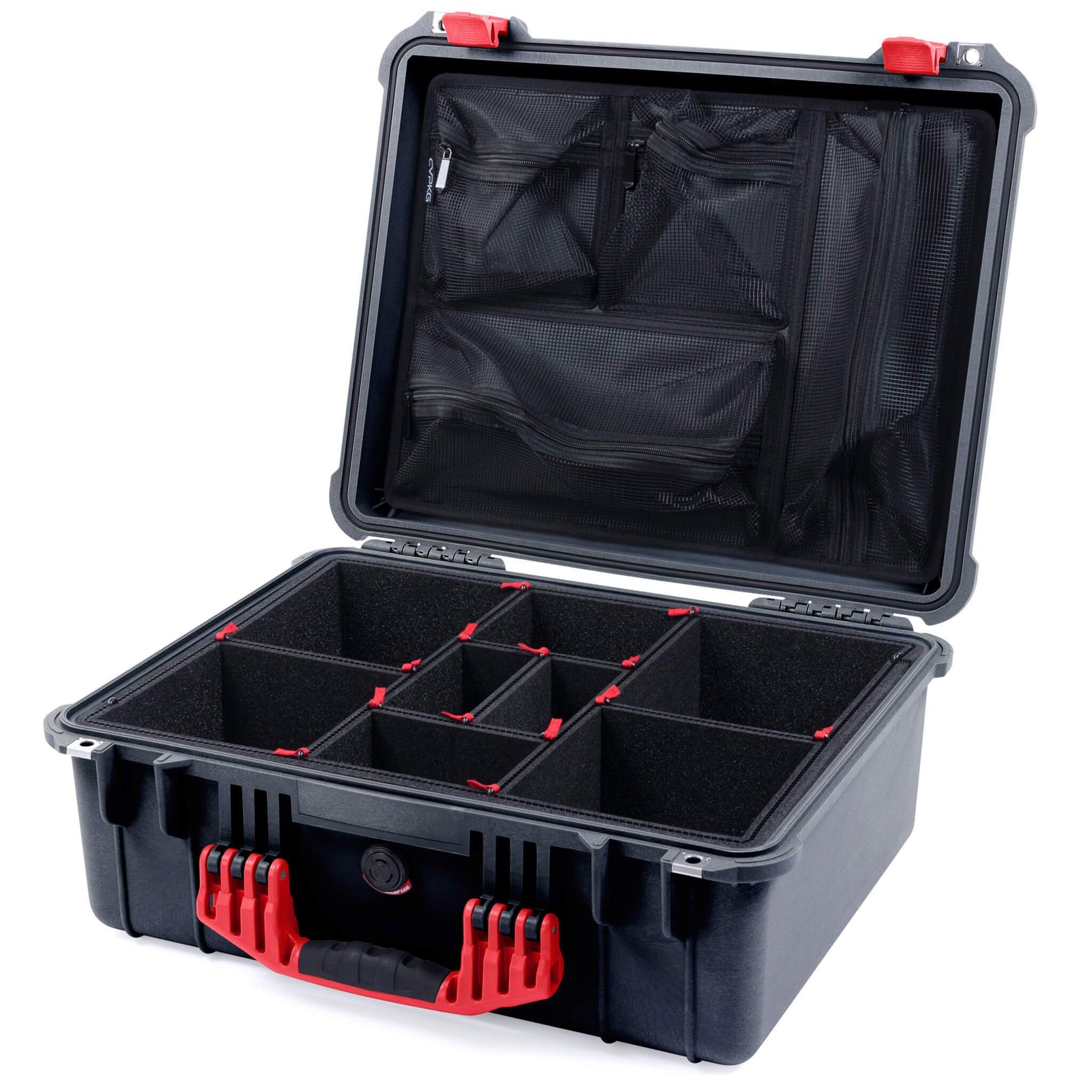 Pelican 1550 Case, Black with Red Handle & Latches TrekPak Divider System with Mesh Lid Organizer ColorCase 015500-0120-110-320