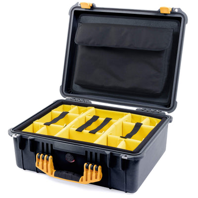 Pelican 1550 Case, Black with Yellow Handle & Latches Yellow Padded Microfiber Dividers with Computer Pouch ColorCase 015500-0210-110-240