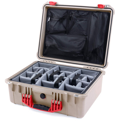 Pelican 1550 Case, Desert Tan with Red Handle & Latches Gray Padded Microfiber Dividers with Mesh Lid Organizer ColorCase 015500-0170-310-320