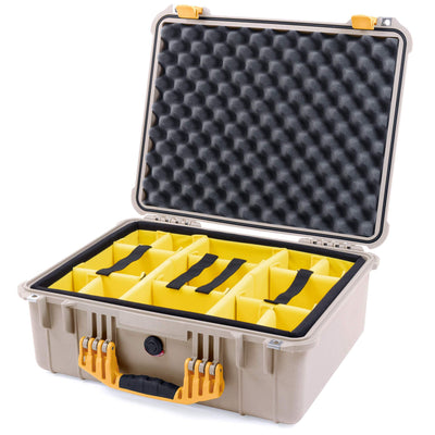 Pelican 1550 Case, Desert Tan with Yellow Handle & Latches Yellow Padded Microfiber Dividers with Convolute Lid Foam ColorCase 015500-0010-310-240
