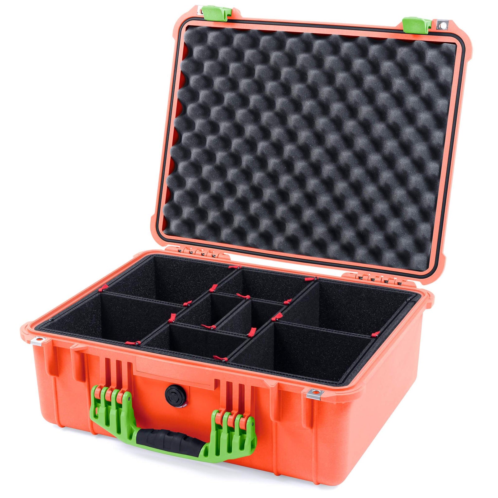 Pelican 1550 Case, Orange with Lime Green Handle & Latches TrekPak Divider System with Convolute Lid Foam ColorCase 015500-0020-150-300