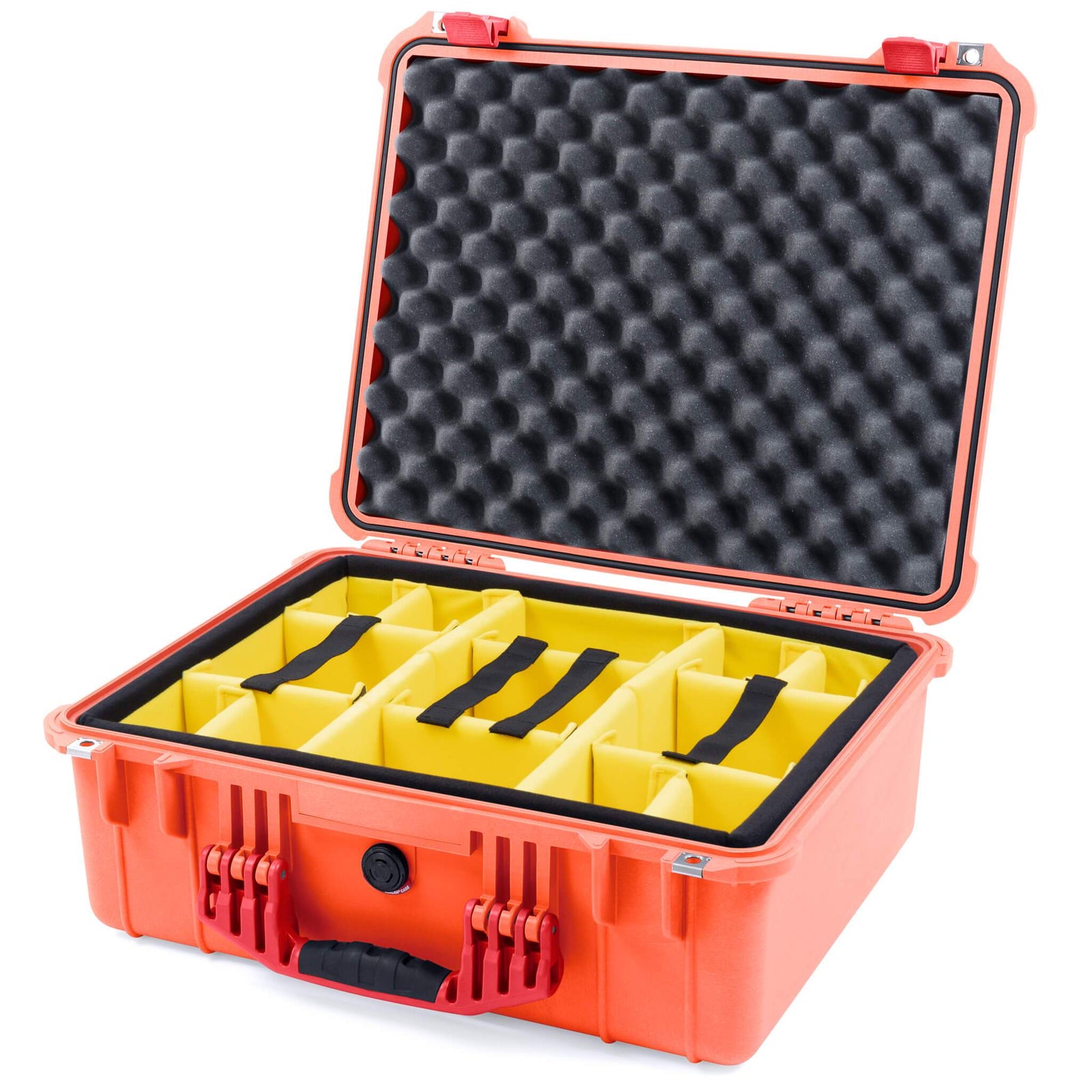 Pelican 1550 Case, Orange with Red Handle & Latches Yellow Padded Microfiber Dividers with Convolute Lid Foam ColorCase 015500-0010-150-320