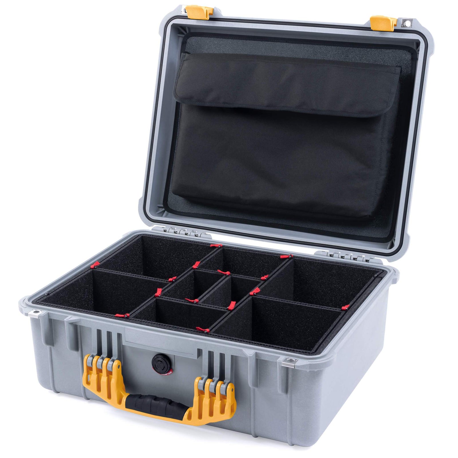 Pelican 1550 Case, Silver with Yellow Handle & Latches TrekPak Divider System with Computer Pouch ColorCase 015500-0220-180-240