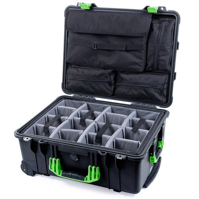 Pelican 1560 Case, Black with Lime Green Handles & Latches Gray Padded Microfiber Dividers with Computer Pouch ColorCase 015600-0270-110-300