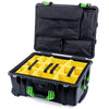 Pelican 1560 Case, Black with Lime Green Handles & Latches Yellow Padded Microfiber Dividers with Computer Pouch ColorCase 015600-0210-110-300