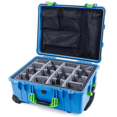 Pelican 1560 Case, Blue with Lime Green Handles & Latches Gray Padded Microfiber Dividers with Mesh Lid Organizer ColorCase 015600-0170-120-300