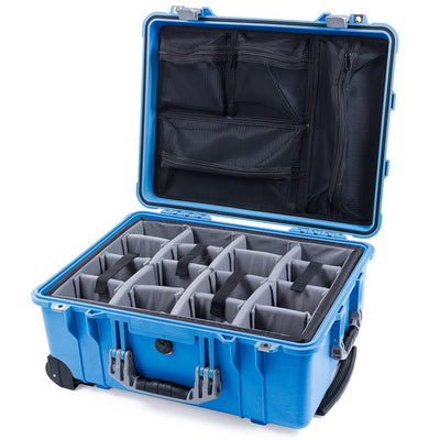 Pelican 1560 Case, Blue with Silver Handles & Latches Gray Padded Microfiber Dividers with Mesh Lid Organizer ColorCase 015600-0170-120-180
