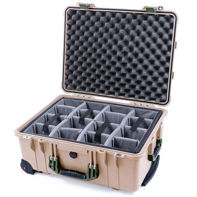 Pelican 1560 Case, Desert Tan with OD Green Handles & Latches Gray Padded Microfiber Dividers with Convolute Lid Foam ColorCase 015600-0070-310-130