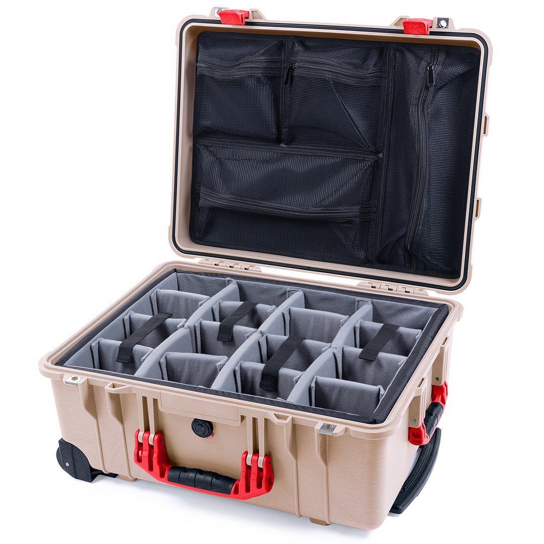 Pelican 1560 Case, Desert Tan with Red Handles & Latches Gray Padded Microfiber Dividers with Mesh Lid Organizer ColorCase 015600-0170-310-320