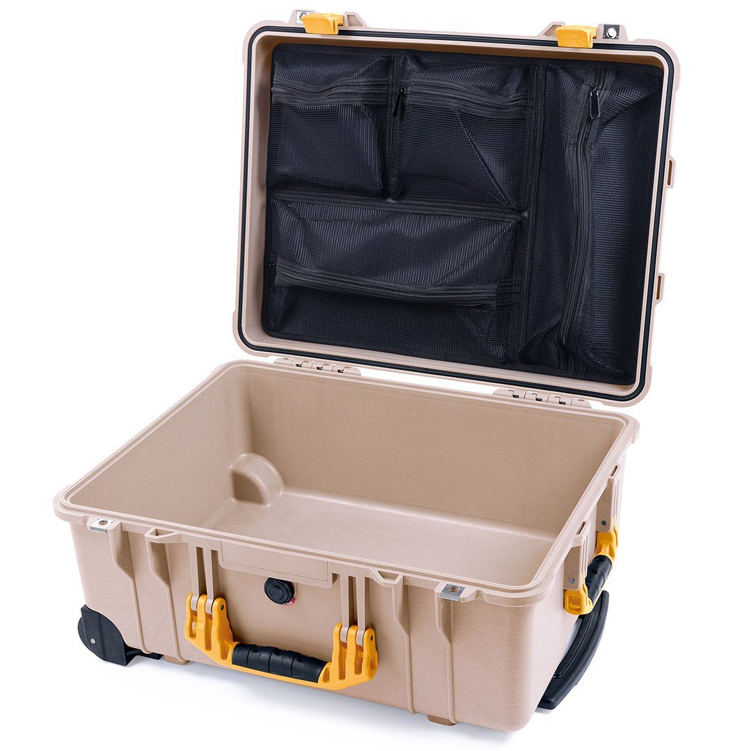 Pelican 1560 Case, Desert Tan with Yellow Handles & Latches Mesh Lid Organizer Only ColorCase 015600-0100-310-240