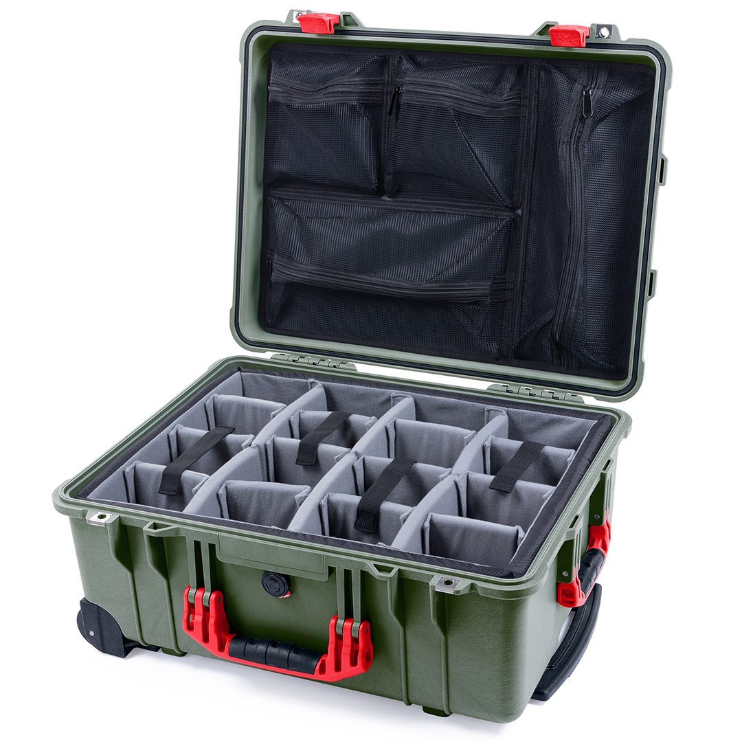 Pelican 1560 Case, OD Green with Red Handles & Latches Gray Padded Microfiber Dividers with Mesh Lid Organizer ColorCase 015600-0170-130-320