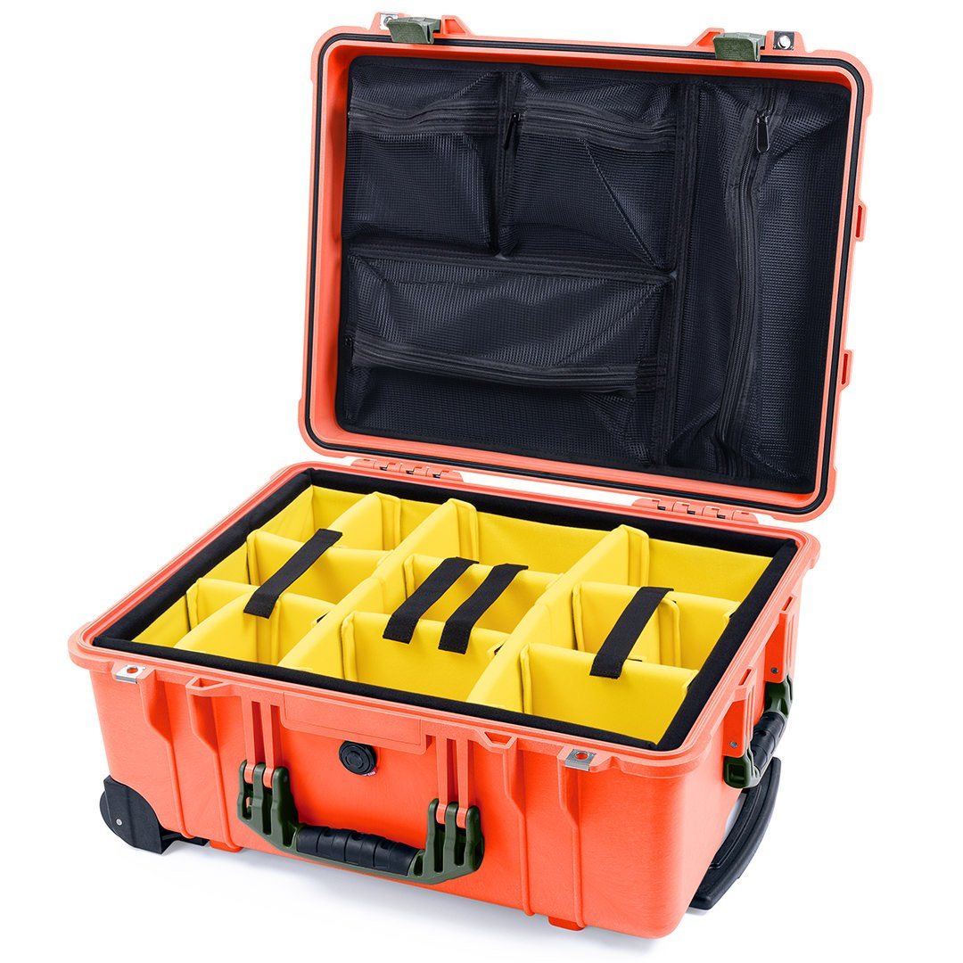 Pelican 1560 Case, Orange with OD Green Handles & Latches Yellow Padded Microfiber Dividers with Mesh Lid Organizer ColorCase 015600-0110-150-130