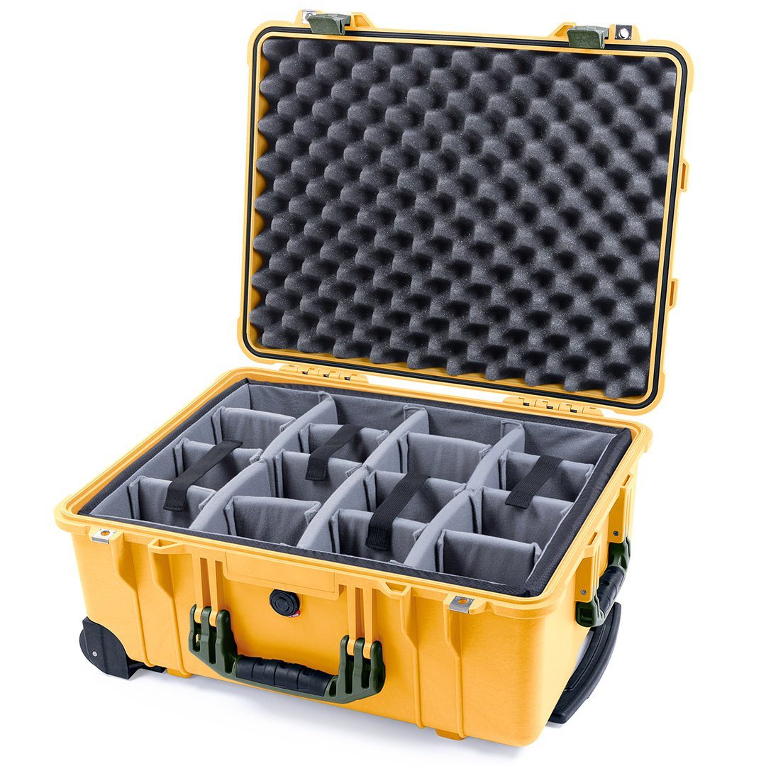 Pelican 1560 Case, Yellow with OD Green Handles & Latches Gray Padded Microfiber Dividers with Convolute Lid Foam ColorCase 015600-0070-240-130