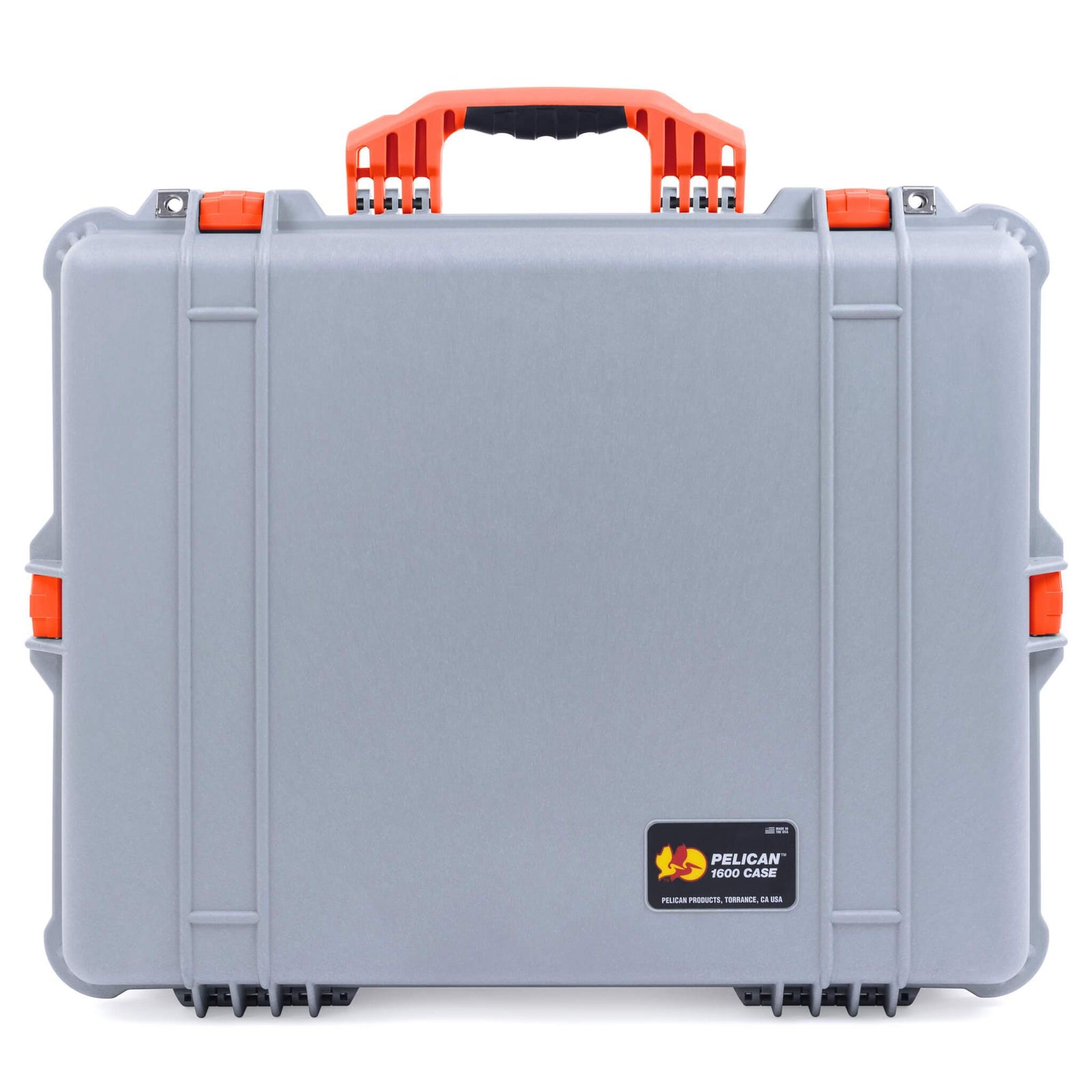 Pelican 1600 Case, Silver with Orange Handle & Latches ColorCase