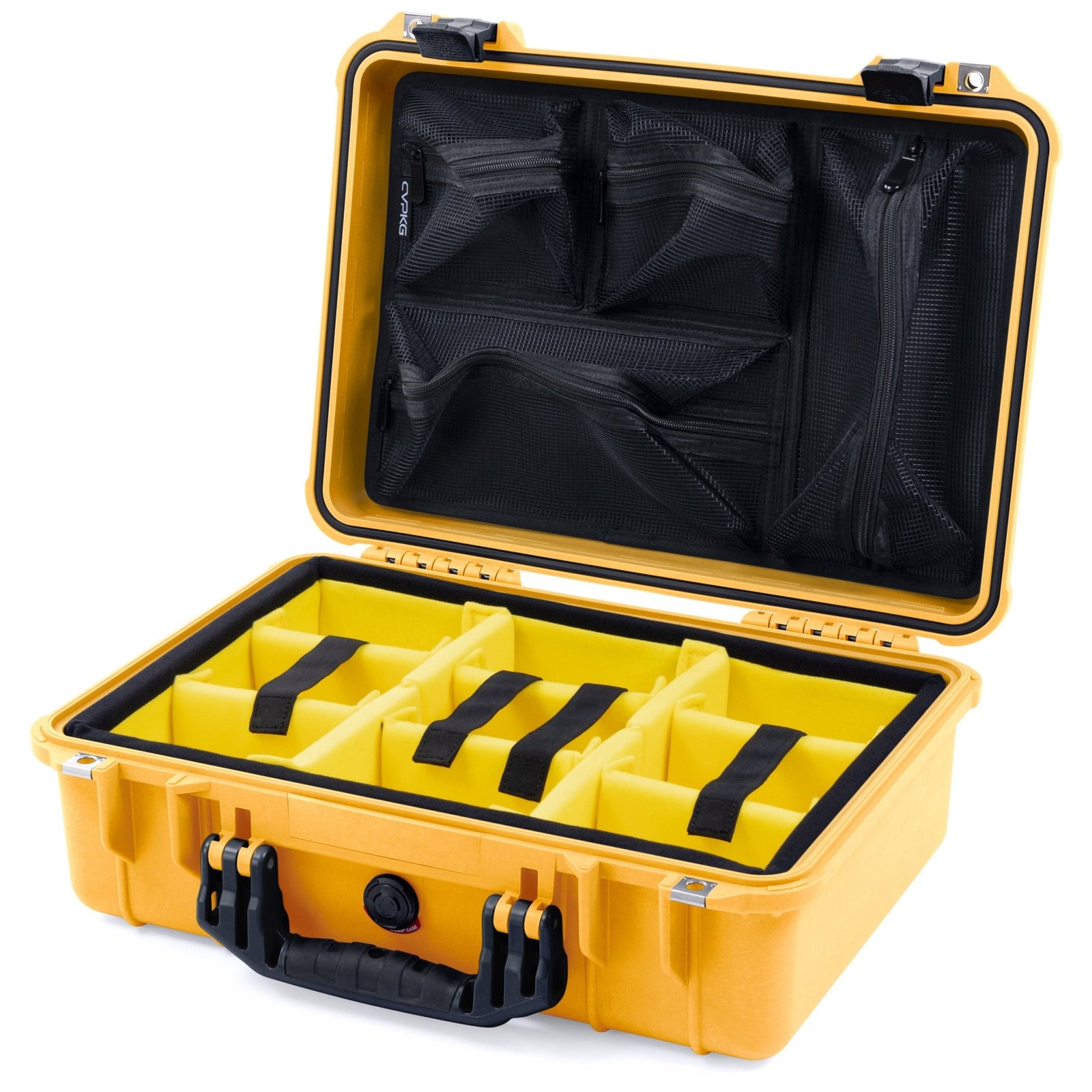 Pelican 1500 Case - Yellow & Black - Yellow Padded Microfiber Dividers / Mesh Lid Organizer