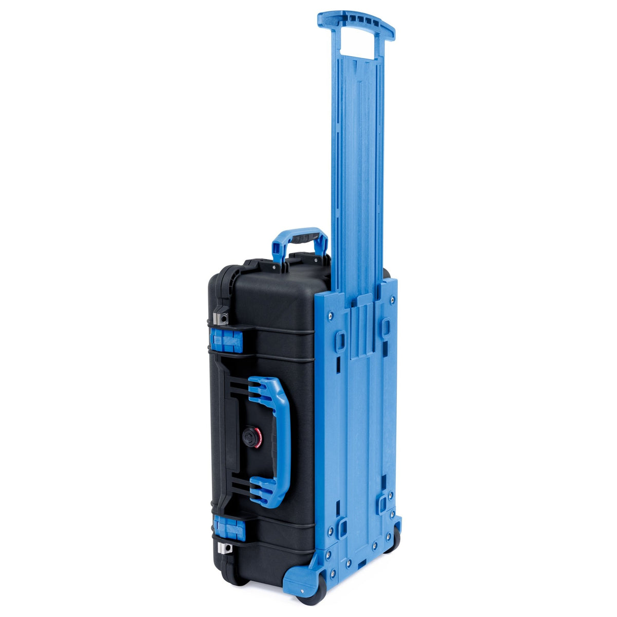 Black Pelican 1510 Case with Blue Handles, Latches and Trolley - Upright Trolley View