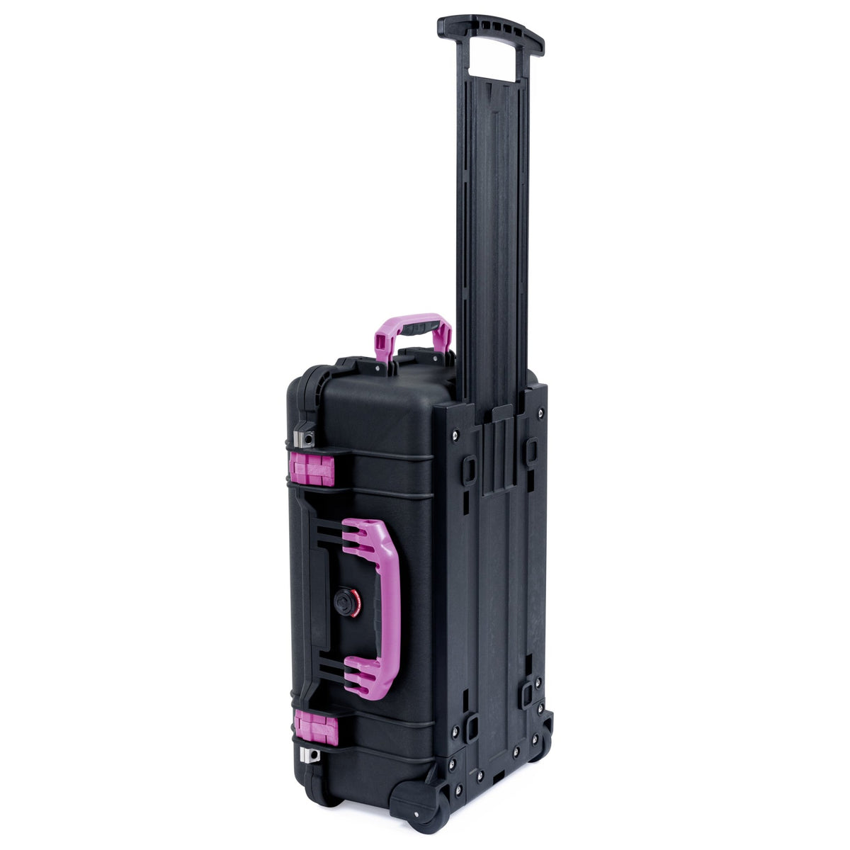 Black Pelican 1510 Case w Magenta Handles, Latches & Trolley Upright View