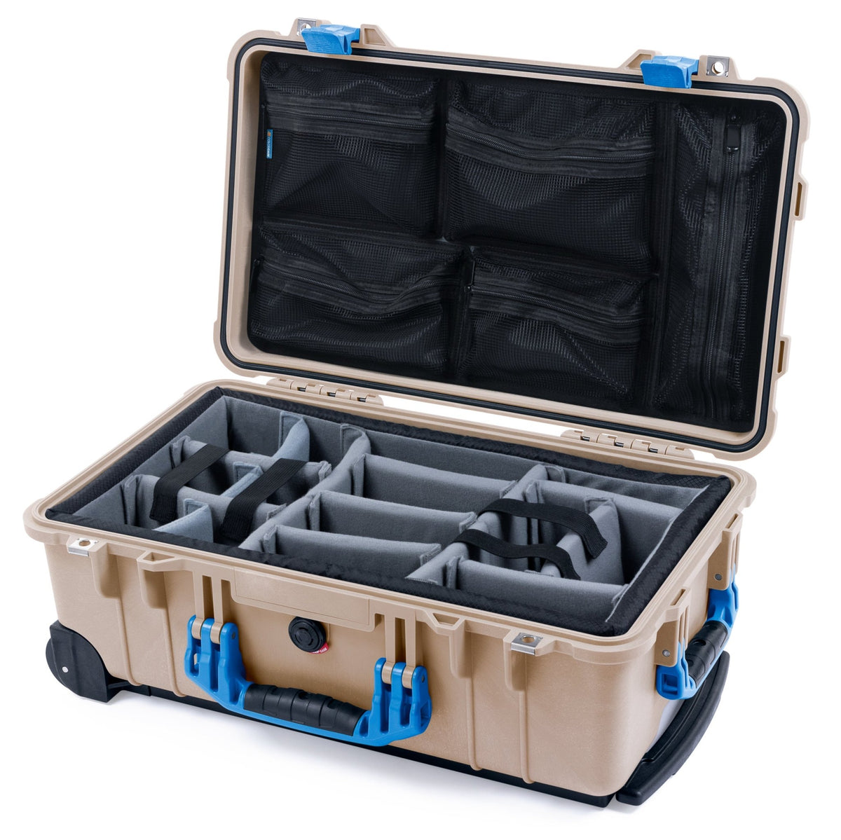 Pelican 1510 Case - Desert Tan &amp; Blue - Padded Microfiber Dividers / Mesh Lid Organizer