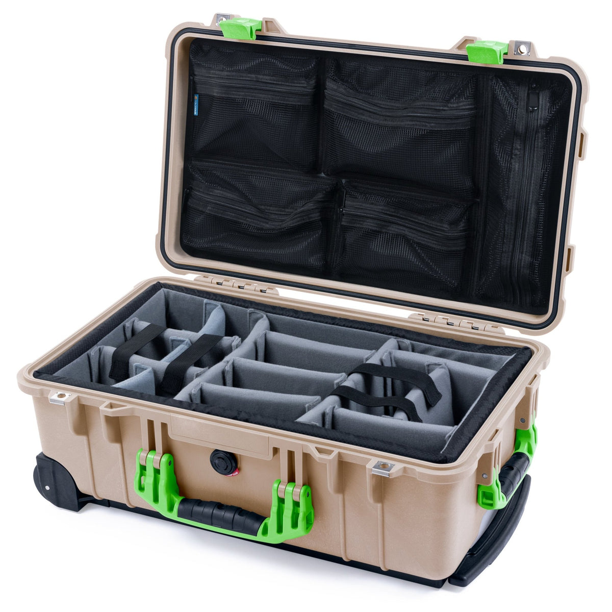 Pelican 1510 Case - Desert Tan &amp; Lime Green - Padded Microfiber Dividers / Mesh Lid Organizer