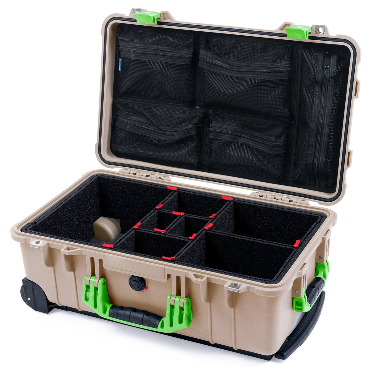 Pelican 1510 Case - Desert Tan &amp; Lime Green - TrekPak Divider System / Mesh Lid Organizer