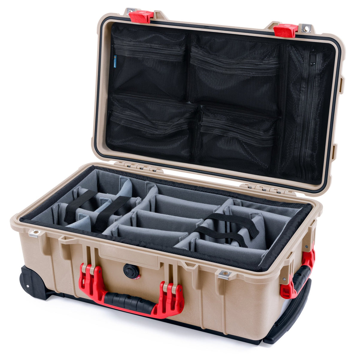 Pelican 1510 Case - Desert Tan &amp; Red - Padded Microfiber Dividers / Mesh Lid Organizer