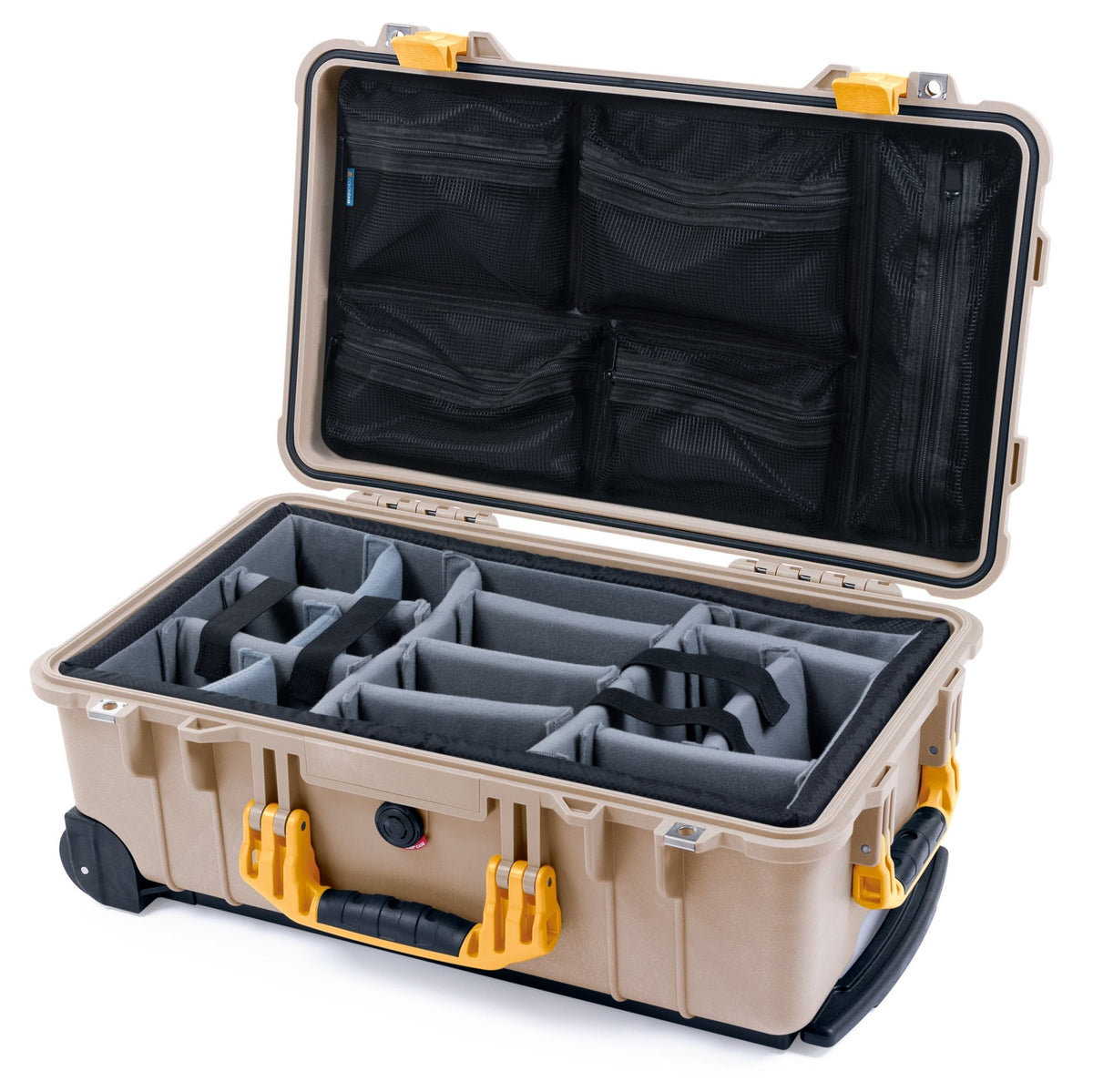 Pelican 1510 Case - Desert Tan &amp; Yellow - Padded Microfiber Dividers / Mesh Lid Organizer
