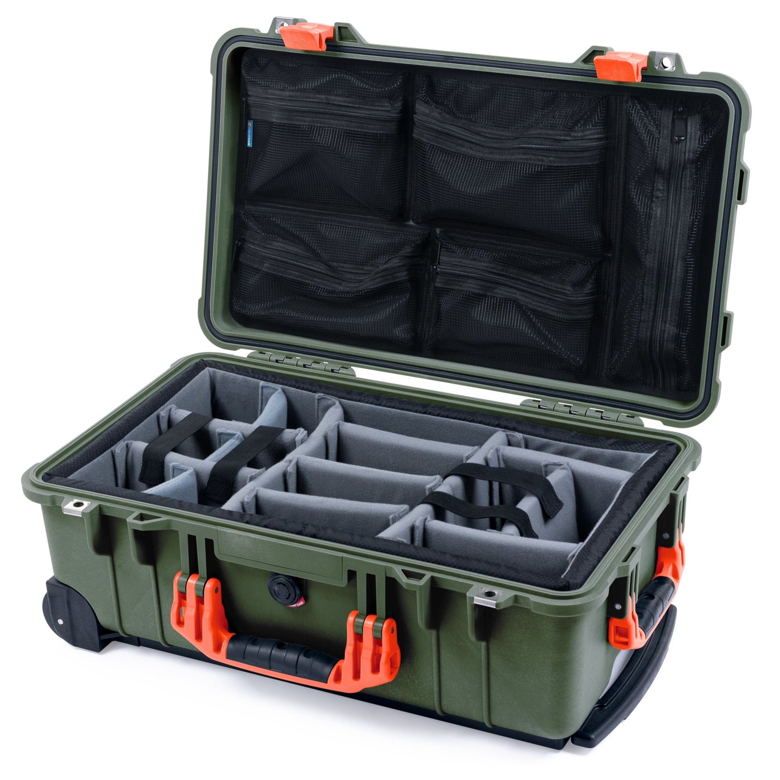 Pelican 1510 Case - OD Green & Orange - Padded Microfiber Dividers / Mesh Lid Organizer