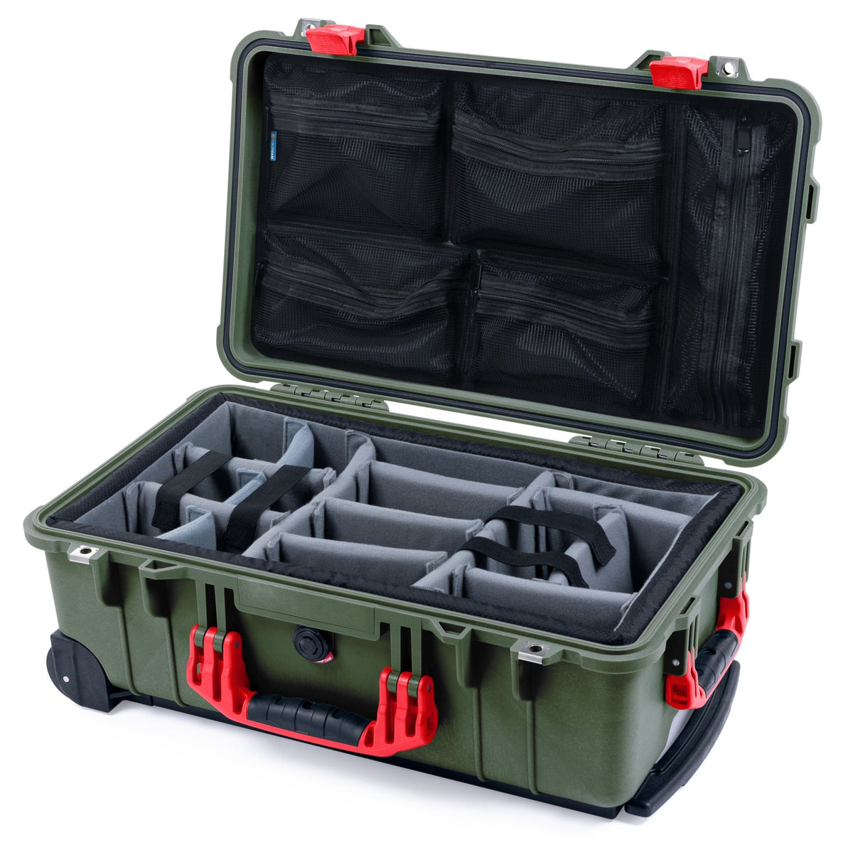 Pelican 1510 Case - OD Green &amp; Red - Padded Microfiber Dividers / Mesh Lid Organizer