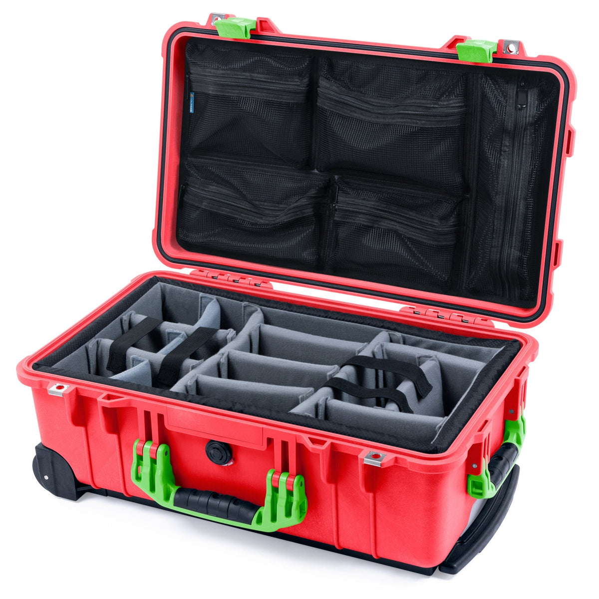 Pelican 1510 Case - Red &amp; Lime Green - Padded Microfiber Dividers / Mesh Lid Organizer