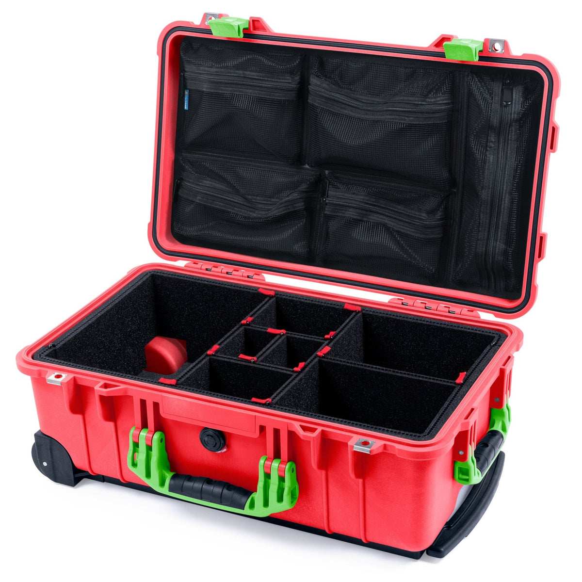 Pelican 1510 Case - Red &amp; Lime Green - TrekPak Divider System / Mesh Lid Organizer