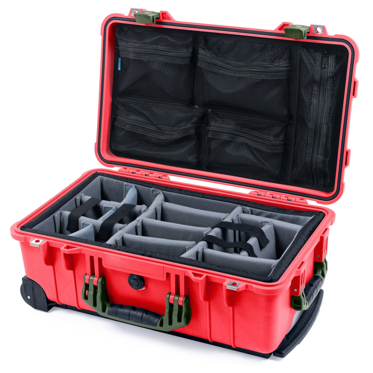 Pelican 1510 Case - Red &amp; OD Green - Padded Microfiber Dividers / Mesh Lid Organizer