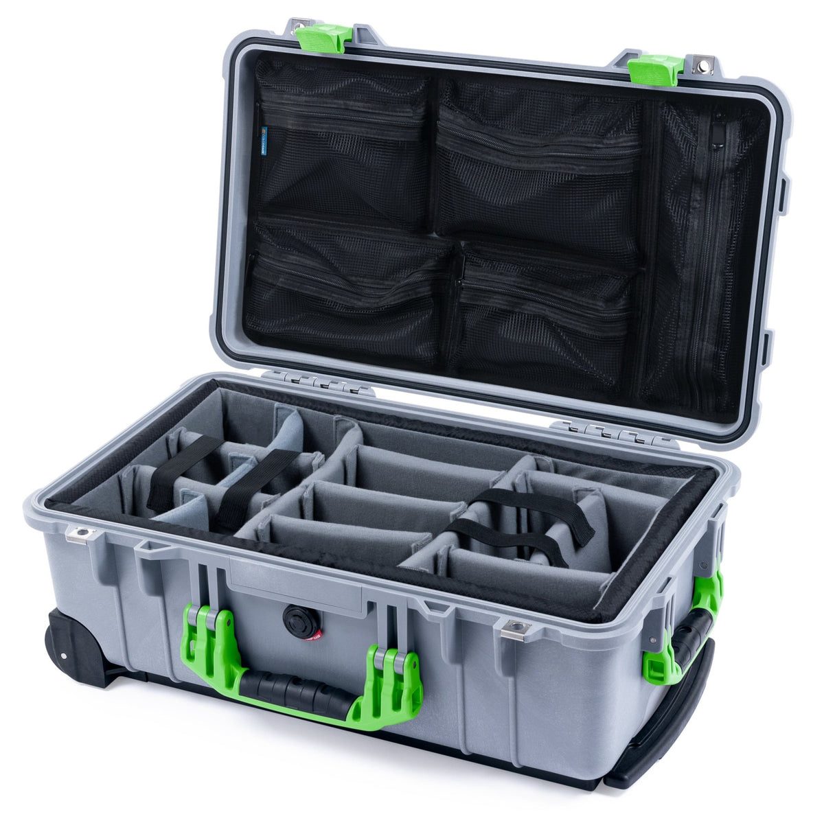 Pelican 1510 Case - Silver &amp; Lime Green - Padded Microfiber Dividers / Mesh Lid Organizer