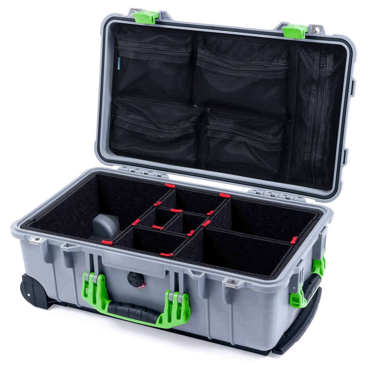 Pelican 1510 Case - Silver &amp; Lime Green - TrekPak Divider System / Mesh Lid Organizer