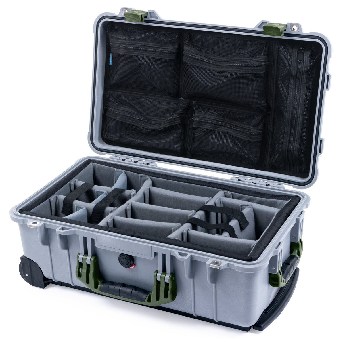 Pelican 1510 Case - Silver &amp; OD Green - Padded Microfiber Dividers / Mesh Lid Organizer