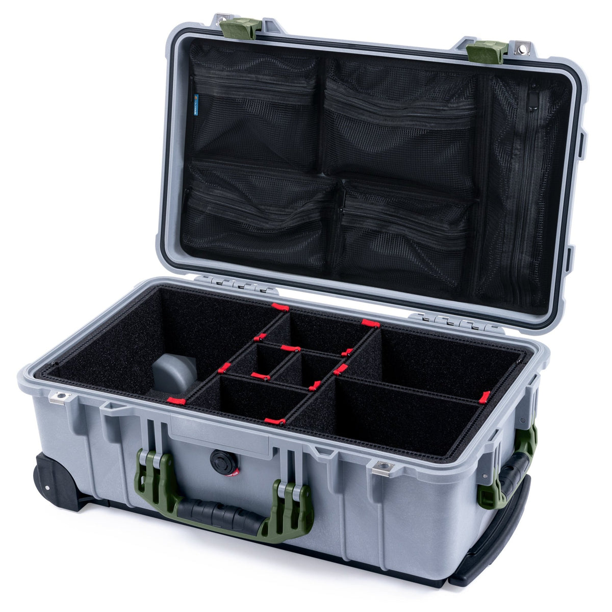 Pelican 1510 Case - Silver &amp; OD Green - TrekPak Divider System / Mesh Lid Organizer