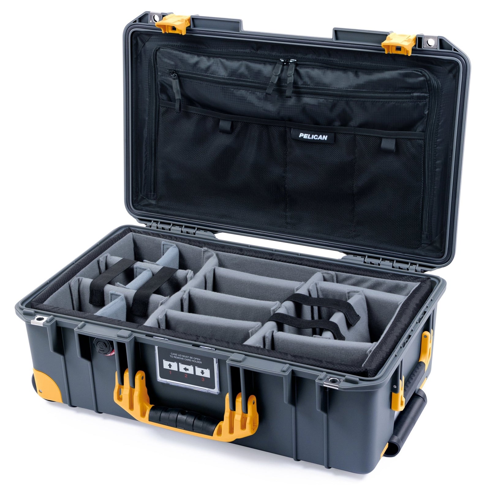 Pelican 1535 Air Carry - on Case - Charcoal & Yellow Trolley - Padded Microfiber Dividers / TRLV Lid Organizer